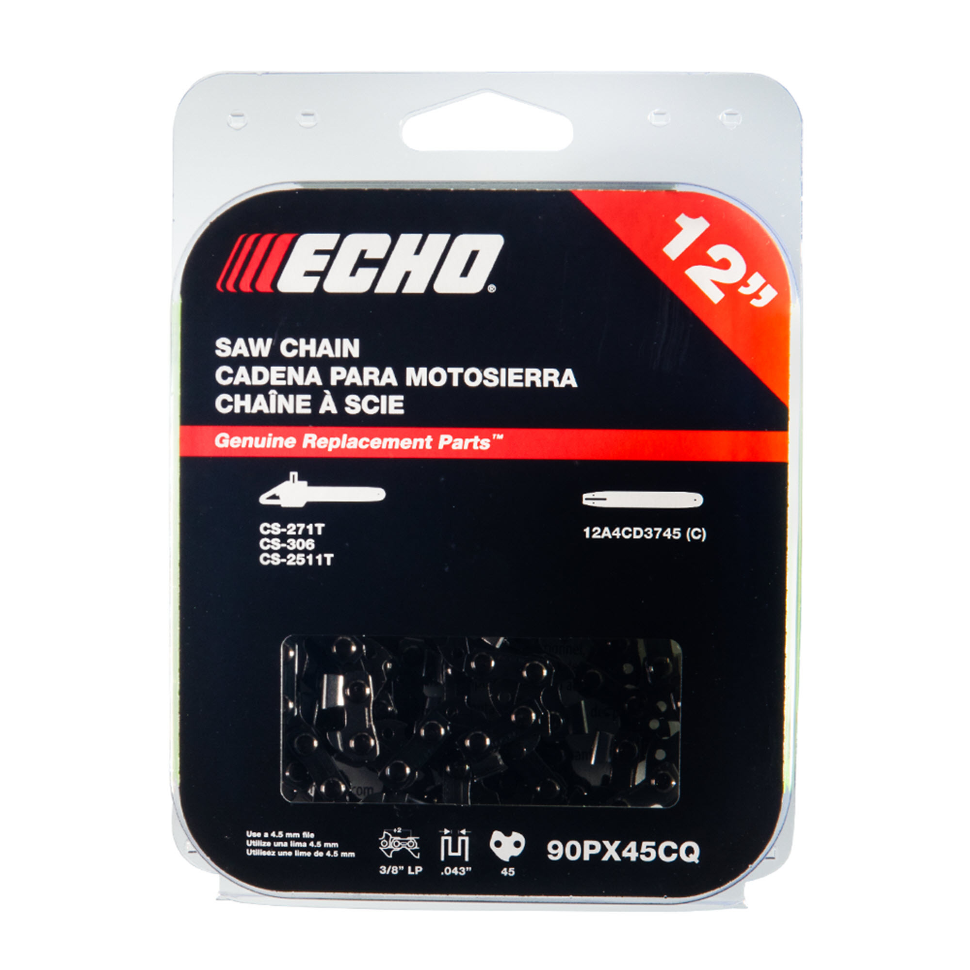ECHO, 12" 90PX chainsaw chain, 45 drive links, fits narrow kerf bars, Pitch 3/8", Guage 0.043", For use on ECHO chainsaws CS-2511P, CS-2511T, & CS-271T, Compatible with ECHO guide bar 12A4CD3745C, Model #90PX45CQ